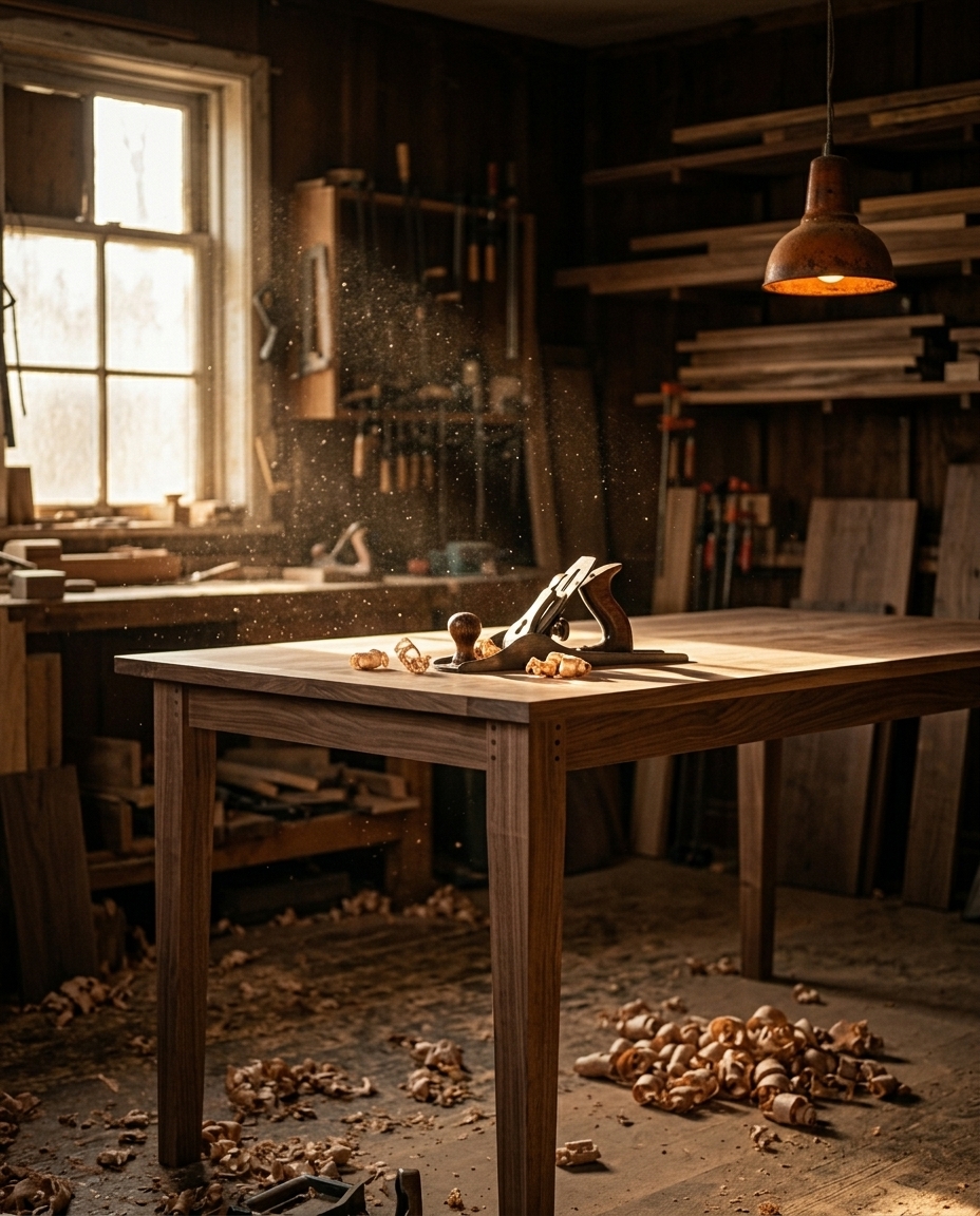 Walnut dining table fresh off the bench, hand plane resting on top, sawdust catching the morning light